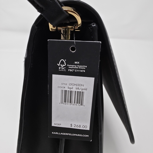 Karl Lagerfeld Paris Black Woven Leather Shoulder Bag Gold Clasp - Picture 5 of 10